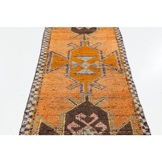 1960s 3 X 11 Vintage Turkish Wool Runner in Orange With Geometric Pattern For Sale - Image 5 of 10