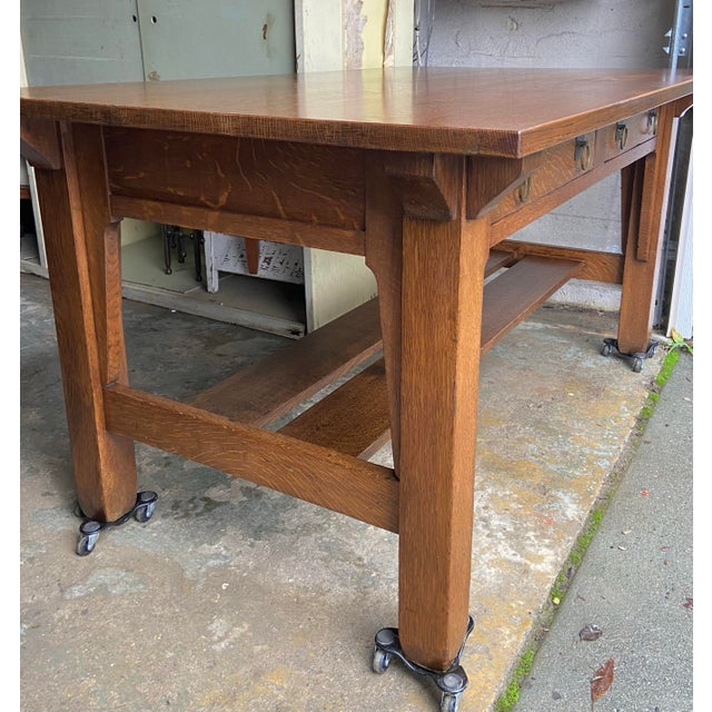 Wood 1910s Stickley Brothers (Attributed) Large Mission Oak Library Table For Sale - Image 7 of 12