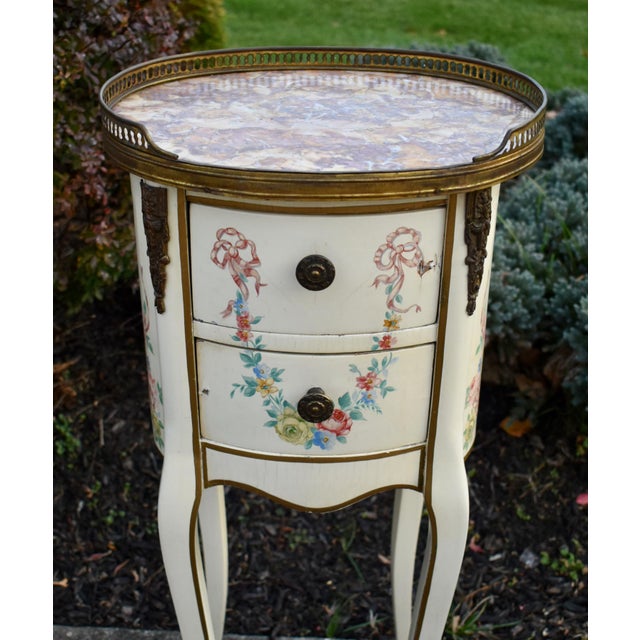 Antique Pair of French Painted Two Drawer Marble Top Tables W/Bronze Ormolu For Sale - Image 12 of 13