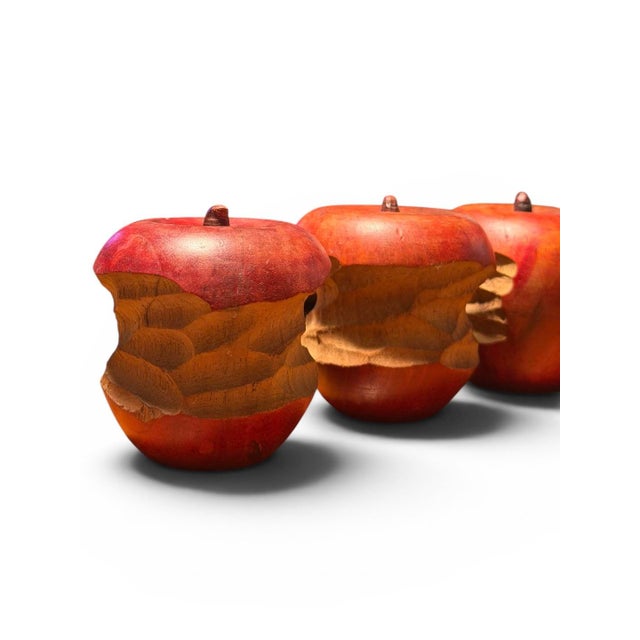 Folk Art Vintage Folk Art Hand-Carved "Bitten" Wooden Apples & Rustic Bowl Set (8 Pieces) For Sale - Image 3 of 7