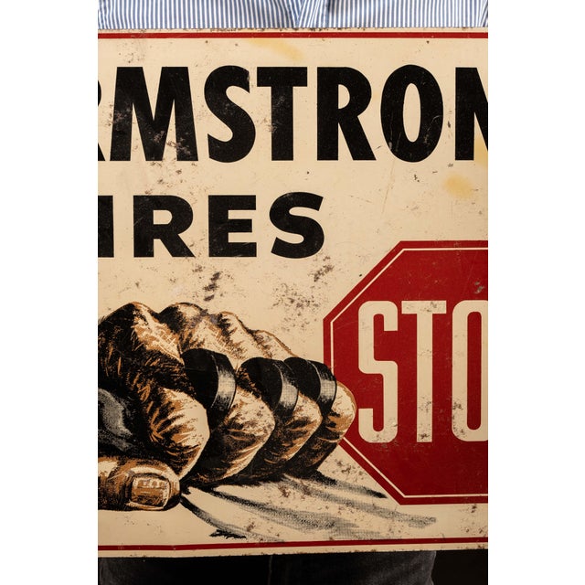 Vintage Armstrong Tires Double-Sided Tin Flange Service Station Sign For Sale - Image 10 of 11