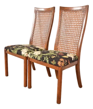 Drexel Heritage Mid-Century Modern Walnut and Cane High Back Dining Chairs, Pair
