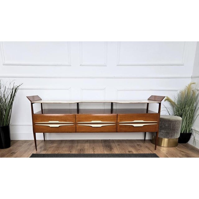 Metal Mid-Century Art Deco Italian Walnut and White Marble Sideboard, 1950s For Sale - Image 7 of 14