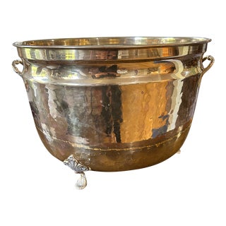 Late 20th Century Large Hammered Brass Planter With Handles and Feet For Sale