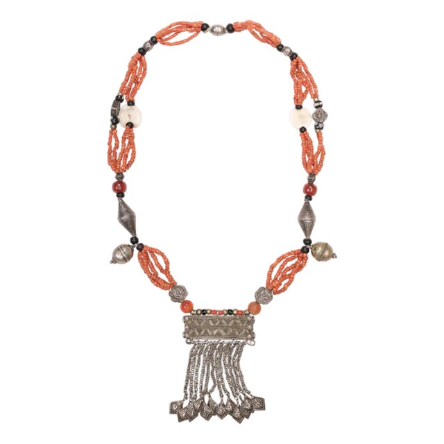 Antique Coral & Metal Beaded Necklace For Sale