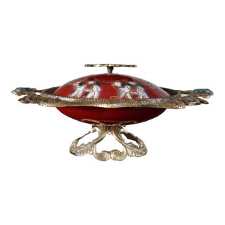 Vintage Jerusalem Red Enamel Trinket Box With Ornate Gilt Filigree Frame | Holy Land Souvenir Jewelry Box For Sale