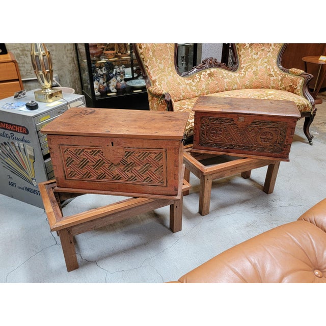 Red Early 20th Century Two Indonesian Dowry Chests on Stands From Bali (Nightstands or End Tables?) For Sale - Image 8 of 18
