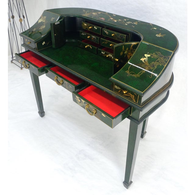 Emerald Green Lacquer Chinoiserie Desk Writing Table Console & Chair MINT For Sale - Image 12 of 18
