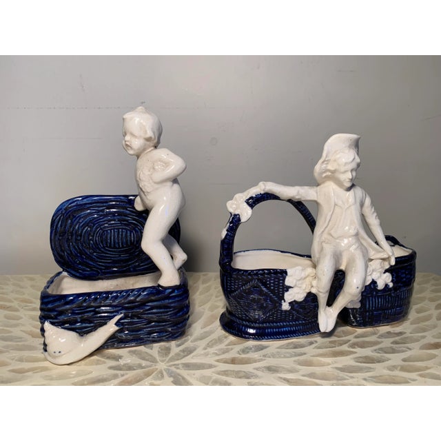 Navy Blue Small Antique French Country Figural Porcelain Planters - Set of 2 For Sale - Image 8 of 8