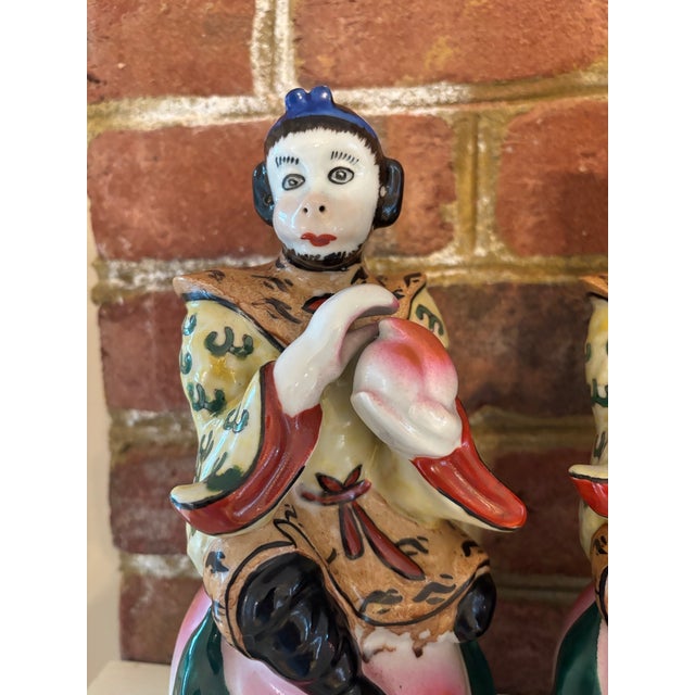 Mid-Century Modern Mid-20th Century Chinoiserie Porcelain Monkey & Longevity Peach Figurines - Pair For Sale - Image 3 of 13