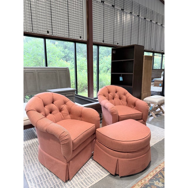 A sophisticated seating ensemble by Kravet, this custom-made set includes a pair of generously proportioned swivel club...