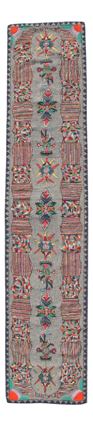 Vintage American Hooked Long Runner With Colorful Vertical Medallion Design