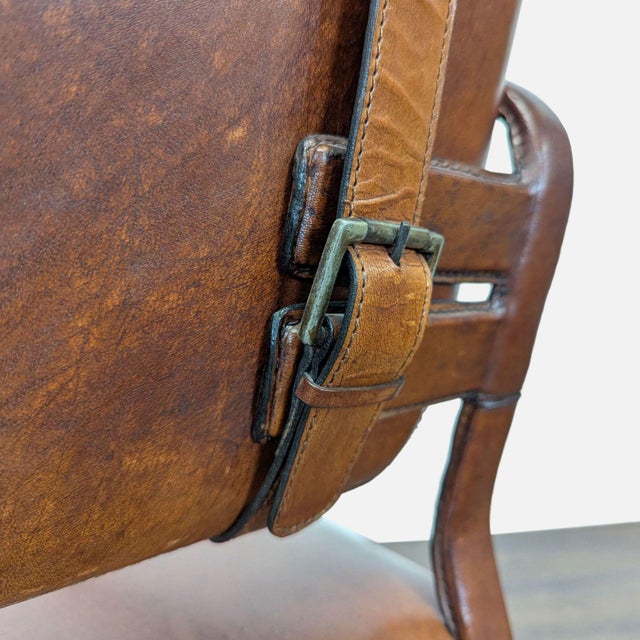 Brown Leather Buckle Lounge Chair With Curved Wooden Frame For Sale - Image 10 of 11