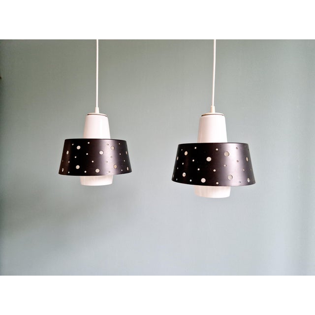 Black Vintage Scandinavian Pendant Lights in White Opaline and Black Lacquered Metal, 1960, Set of 2 For Sale - Image 8 of 17