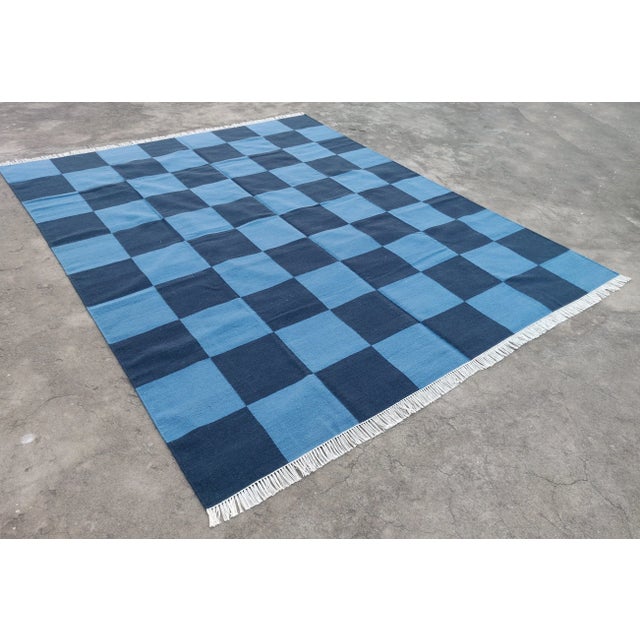 Mid-Century Modern Handmade Vegetable Dyed Woolen Checked Pattern Rug Sky Blue and Navy Blue - 8x10 For Sale - Image 3 of 8