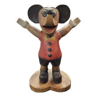 Hand-Carved Folk Art Mickey Mouse Wood Sculpture Figurine 12" For Sale