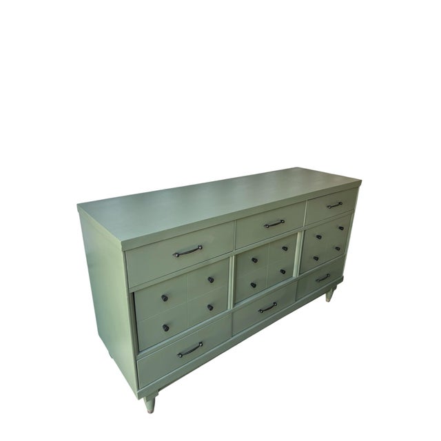 Custom Refinished Mid-Century Modern Sage Green 12-Drawer Dresser With Frameless Mirror For Sale In Buffalo - Image 6 of 8