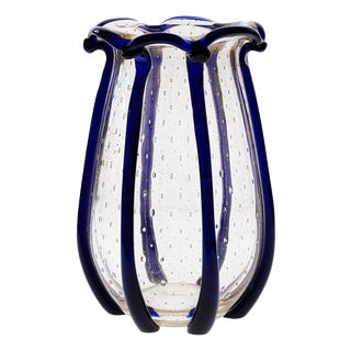 Large Murano Vase with Baloton Bubbles in Gold Leaf and Cobalt Blue Beads, 1960 For Sale
