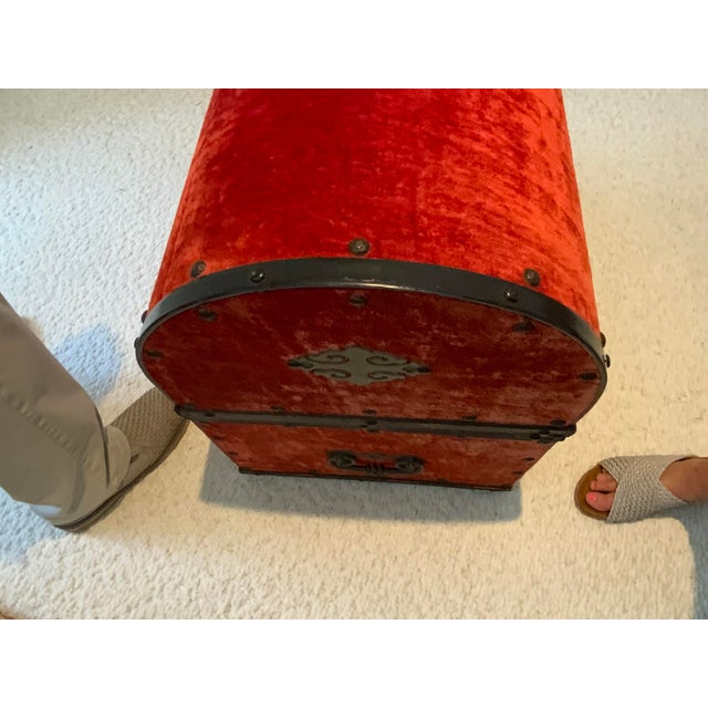 Wood 20th Century Red Velvet Dome Top Trunk For Sale - Image 7 of 8