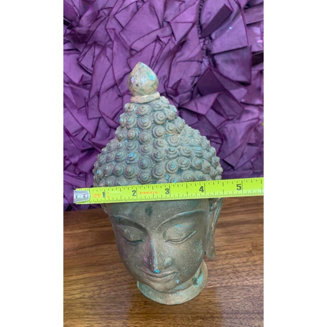 Antique Bronze Buddha Head Bust – 8.5” Tall With Natural Patina For Sale - Image 9 of 12