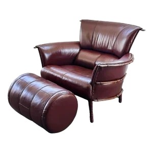 2000s Burgundy Leather Armchair and Ottoman Set by Pacific Green