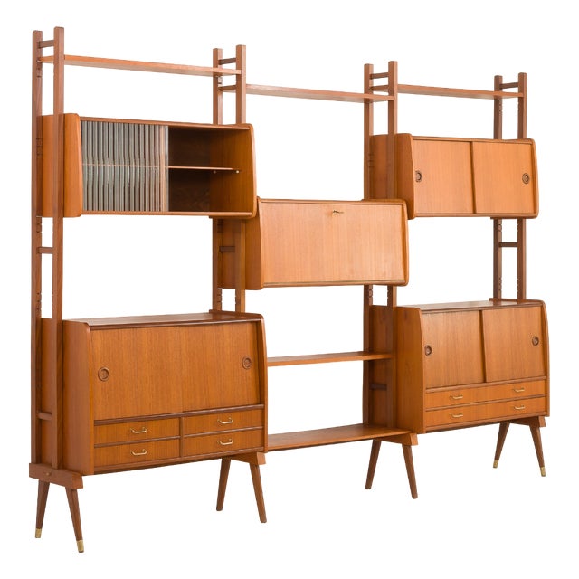 Scandinavian Free-Standing Teak Wall Shelf with 5 Cabinets, Norway, 1960s For Sale