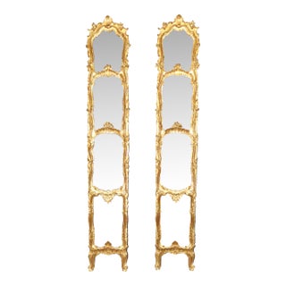 Pair of Rare Tall Italian Rococo Style Distressed Carved Gilt Gold Mirrors For Sale