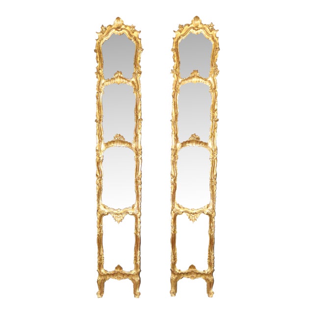 Pair of Rare Tall Italian Rococo Style Distressed Carved Gilt Gold Mirrors For Sale