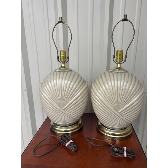 Sculptural Postmodern Ivory Ceramic Spiral Shell Table Lamps, 24”h, a Pair For Sale - Image 10 of 11