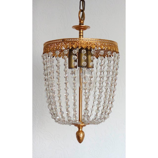 Brass Lead Crystal Pearl Three Lights Chandelier, 1960s For Sale - Image 4 of 11