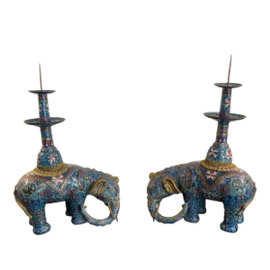 Pair of Antique Fine Champleve Elephant Candle Holders