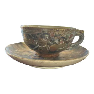 Late 19th Century Meiji Period Satsuma Cup and Saucer With Shimazu Family Crest on Saucer