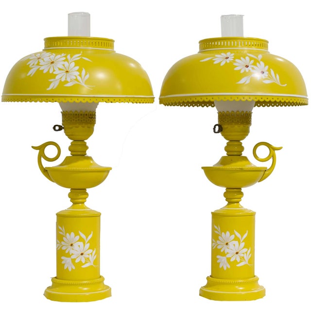 Mid Century Metal Lanterns Painted Yellow Table Lamps - A Pair For Sale - Image 9 of 9
