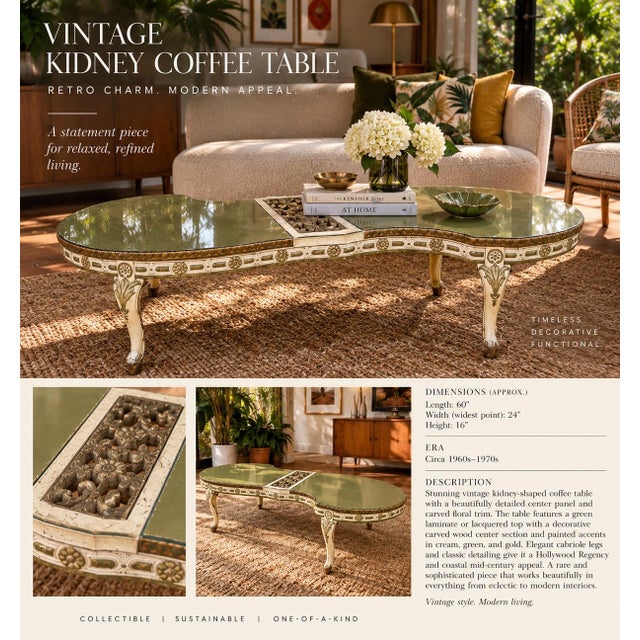 Striking 1960's Italian Florentine Hollywood regency green and gilt kidney-shaped coffee table featuring a glossy olive-...