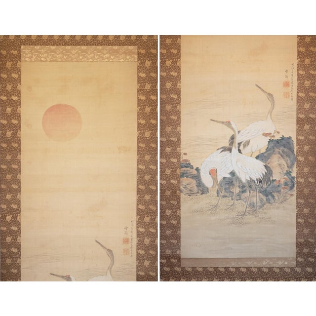 Large antique Japanese silk scroll painting "Cranes and the Sun". Signed, sealed and date by artist: 1895. Very well done....