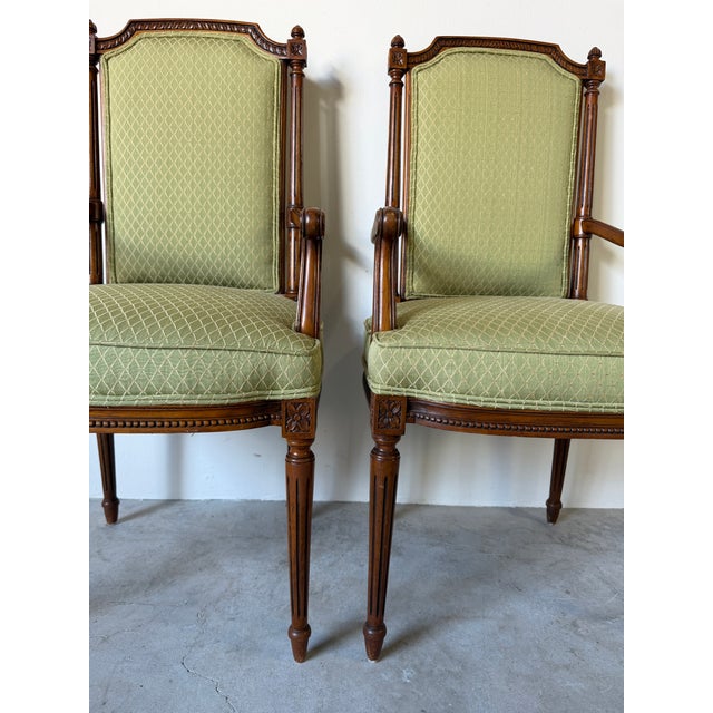 1980s Vintage French Louis XVI Style Carved Walnut Armchairs With Green Upholstery – A Pair For Sale - Image 5 of 12