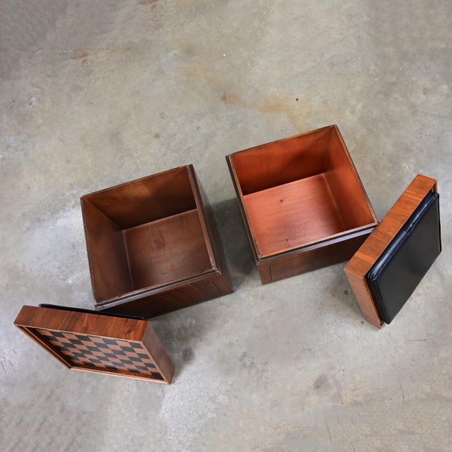 1965 Mid Century Modern Lane Rolling Cube Storage Ottoman End Tables With Game Board & Black Vinyl Flip Table Top a Pair For Sale - Image 10 of 12