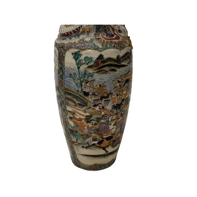 Vintage Asian Satusma Ceramic Handpainted Samurai Relief Dragon Motif Vase For Sale - Image 9 of 18