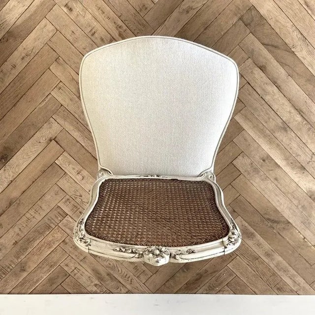 Antique French Painted Cane Back Dining Chairs With Linen Upholstery