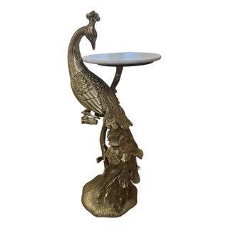 Gold Finish Peacock Side Table Marble Top For Sale