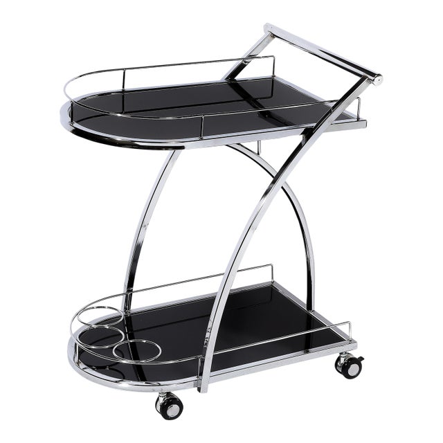 Art Deco Bullet Form Two-Tier Rolling Bar/Serving Cart in Vitrolite & Chrome For Sale