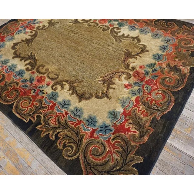 American Beautiful Brown Color With Intricate Folk Art Pattern Antique American Hooked Rug For Sale - Image 3 of 12