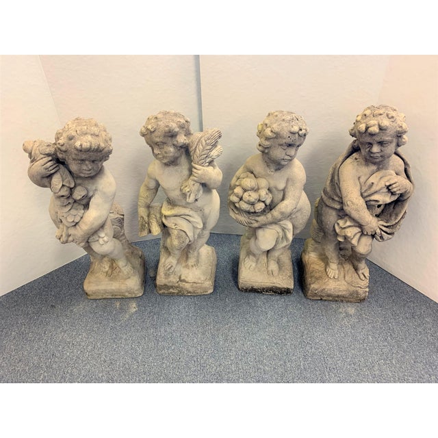 Mid 19th Century Vintage Four Seasons Cherubs Cast Stone Garden Statues