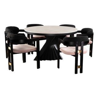 Conan Round Marble Top Black Dining Table Set for 6 with Mauve Chairs For Sale