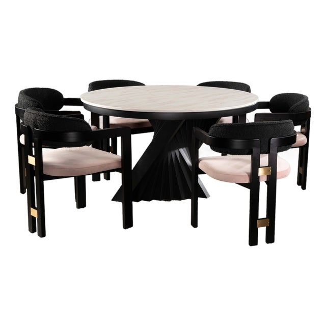 Conan Round Marble Top Black Dining Table Set for 6 with Mauve Chairs For Sale