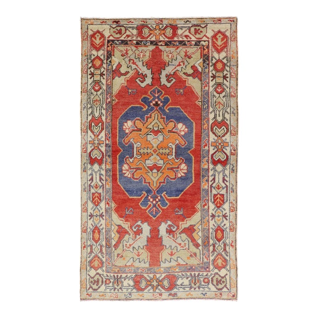 Vintage Turkish Oushak Rug With Bold Red, Indigo Blue, Saffron Gold and Ivory For Sale