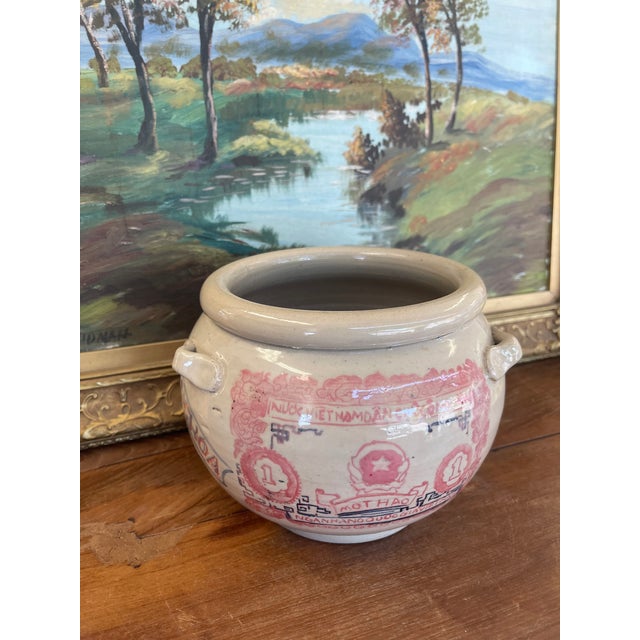 Hand-Painted Vietnamese Studio Pottery Jar Featuring One Hào Currency Motif, Signed. For Sale - Image 4 of 10