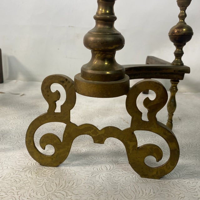 Late 19th Century Antique Pair Quality Gold Gilt Brass Pierced Floral Design Andirons For Sale - Image 5 of 11