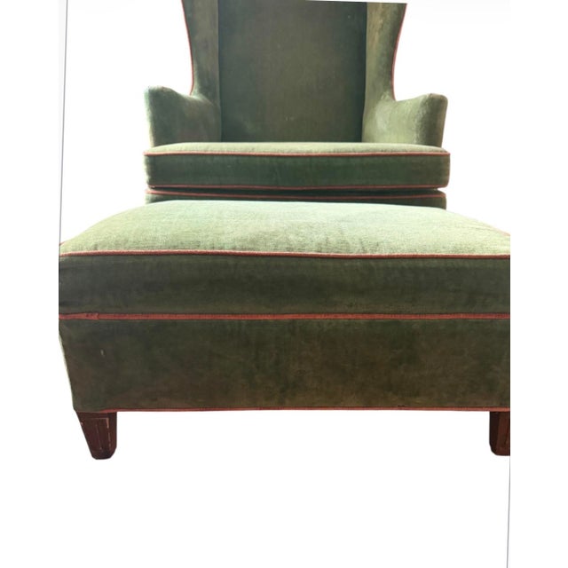 Vintage Wingback Chair and Ottoman by Woodmark Originals in Green Velvet With Terracotta Piping, a Set For Sale In New York - Image 6 of 13