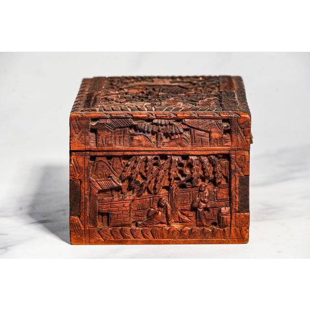 Brown Hand Carved Village Scene Box Antique Chinese Wood Box 19th Century Decorative Chinoiserie Asian Oriental Home Decor For Sale - Image 8 of 13